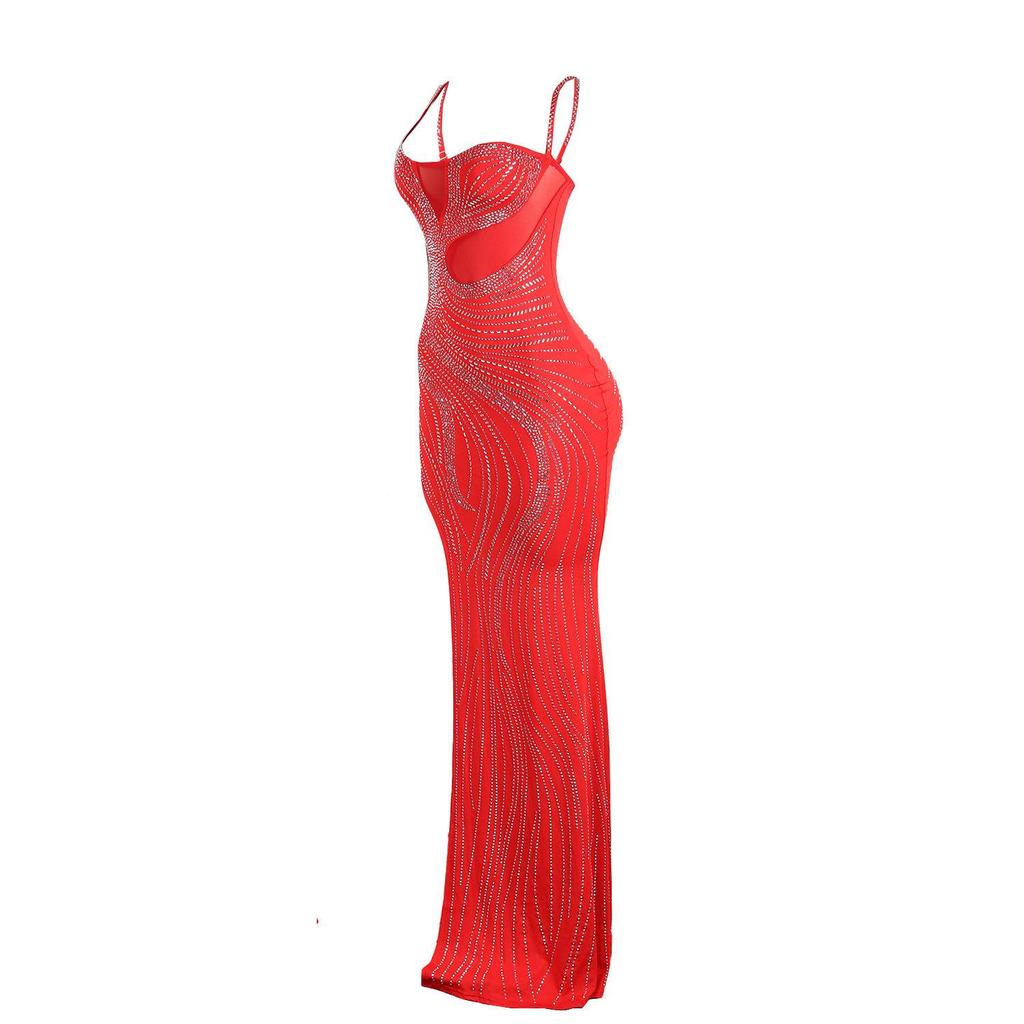 European & American Rhinestone Bodycon Spaghetti Strap Slit Dress for Nightclubs