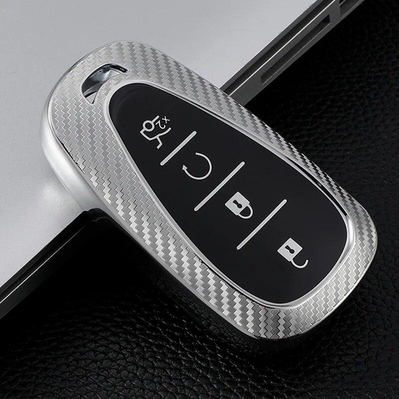 

Карбоновый узор из ТПУ с 4 кнопками, чехол для автомобильного ключа для Chevrolet Chevy Malibu Camaro Cruze Traverse Spark Equinox Sonic Volt Bolt серебряный