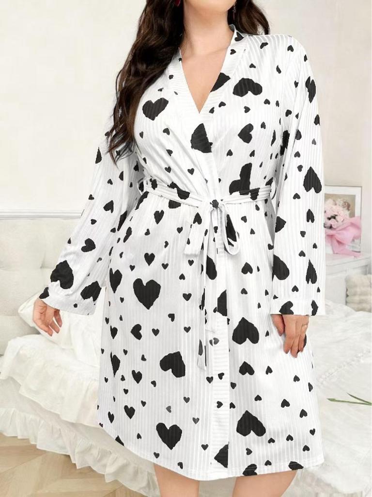 Euro-American Plus Size Summer Ribbed Knit Heart Tie-up Outdoor Pajamas Women's Comfortable Morning Robe