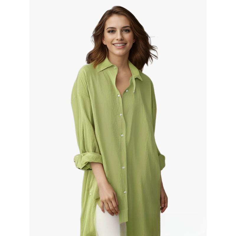 

Однотонная модная рубашка женская хлопково-льняная свободного кроя с карманом средней длины 2XL светло-зеленый