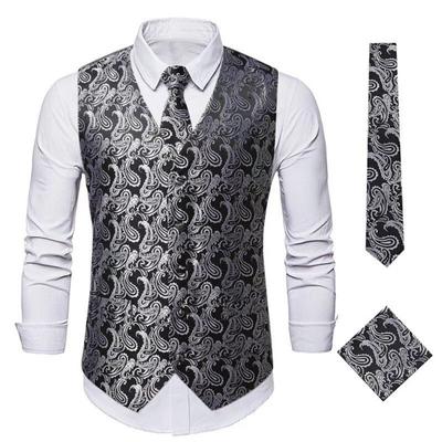 Herren-Weste, bedruckt, ärmellos, V-Ausschnitt, einreihig, Fleck-Fliege, Einstecktuch, schmale Passform, Retro-Bräutigam, Hochzeit, Auftritt, Club, Disco-Weste