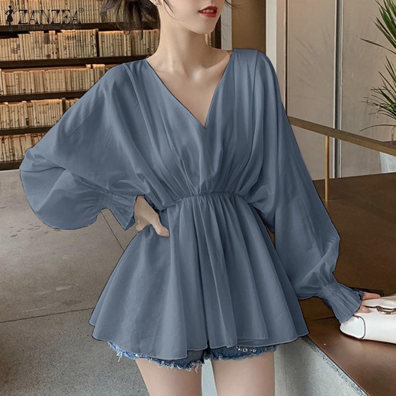 

ZANZEA Женская летняя блузка с v-образным вырезом, длинными рукавами, плиссированной талией и подолом