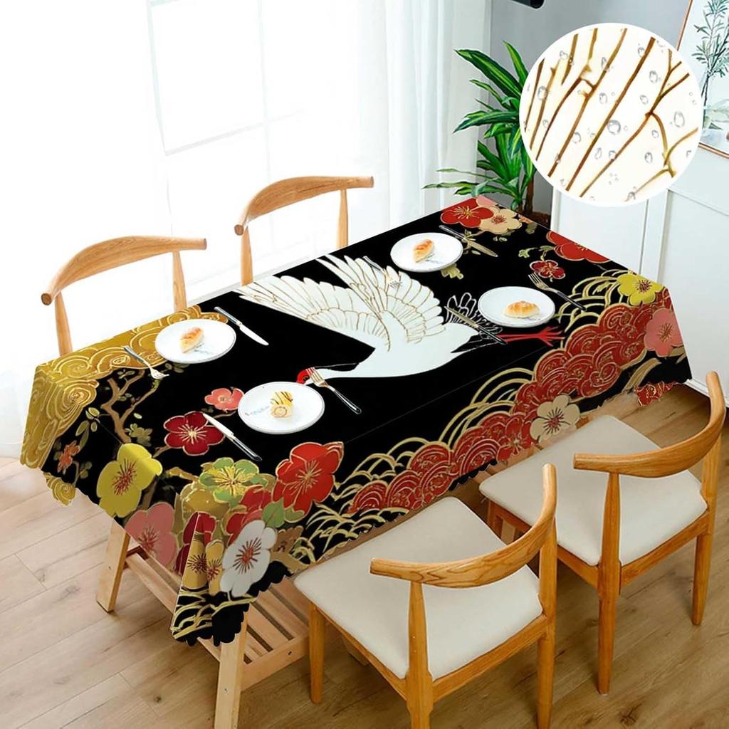 Asian Oriental Heron Bird Floral Rectangle Tablecloth for Table Decor Reusable Kitchen Dining Tablecloth Holiday Party Decor