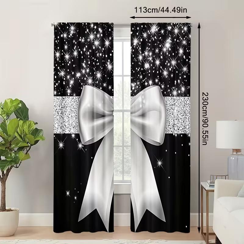 2 Pcs Crystal silver bow print curtains,suitable for bedroom,living room kitchen decoration,home decoration,window decoration