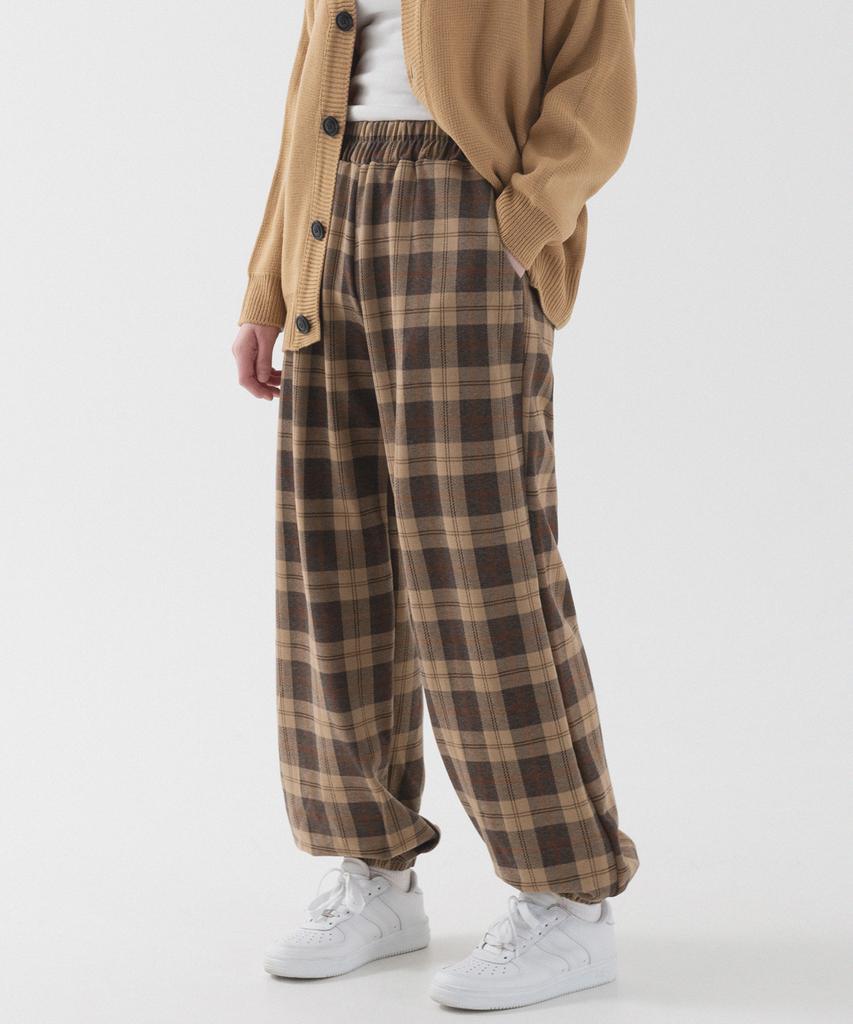 PIANER Tartan Check Wide Jogger Pants (Mocha)
