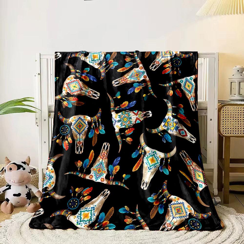 Bohemian Cow Skull Feather Blanket Bedroom Blanket for Livingroom Couch Lunch Break Soft Throw for Friend's Festival Gift