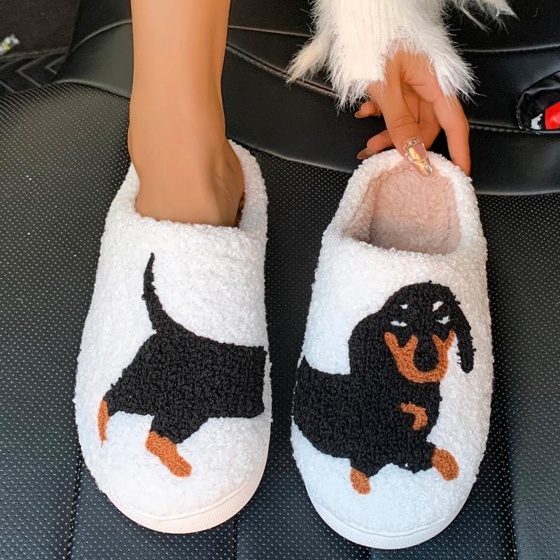 Pet Pattern Dachshund Embroidery Stuffed Home Thick Sole Plaid Furry Cotton Slippers Cute Warm Non-slip Indoor Slippers  Gift