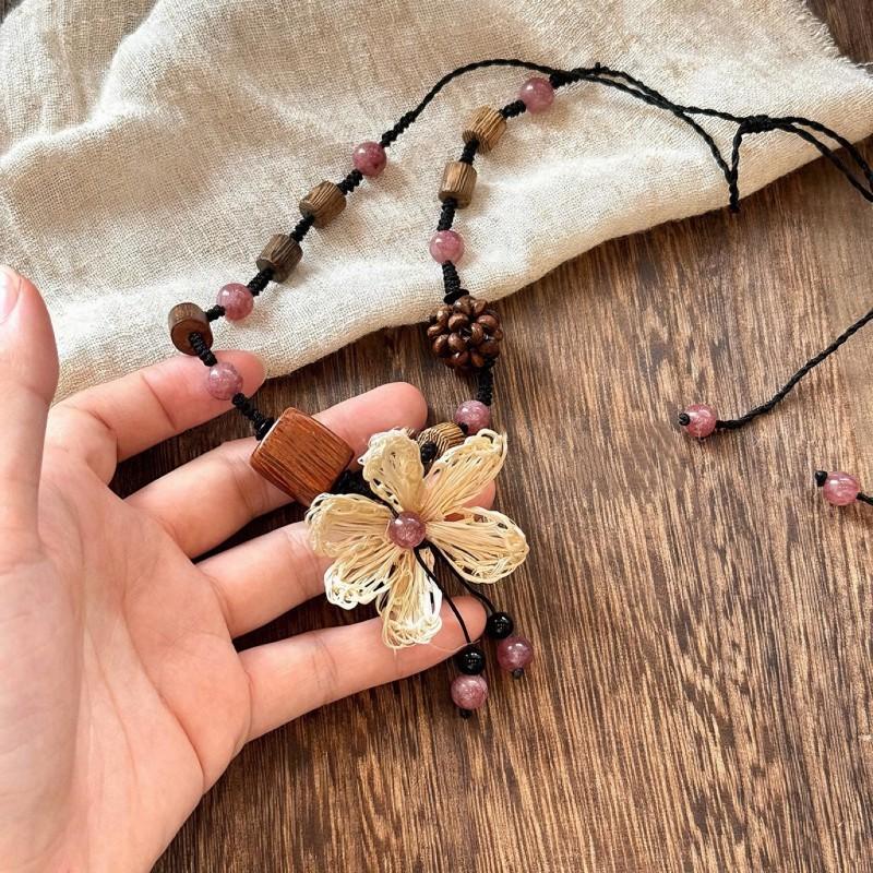 Handmade Wooden Flower Beaded Necklace Women Boho Chic Long Pendant Chain New Chinese Style Floral Statement Jewelry