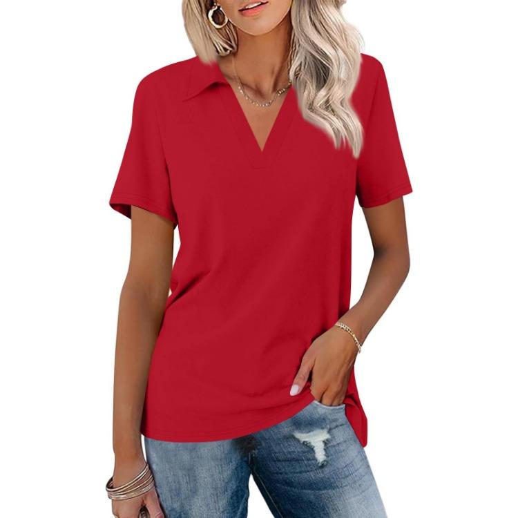 Summer Casual V Neck T Shirts Women Short Sleeves Collared Basic Tees Blouse