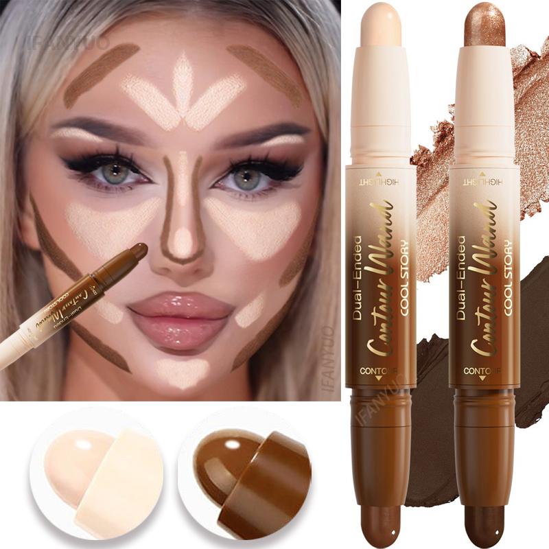 Contour Stick Double-Ended Highlight and Shadow Cream Waterproof Full Coverage Concealer Natural Finish Makeup for All Skin Tone
