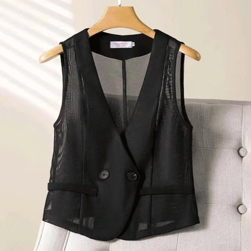 Women Clothing Summer Thin Vest V-neck Sleeveless Gauze Tanks Crop Tops See Through Fashion Waistcoat Chalecos Para Mujer