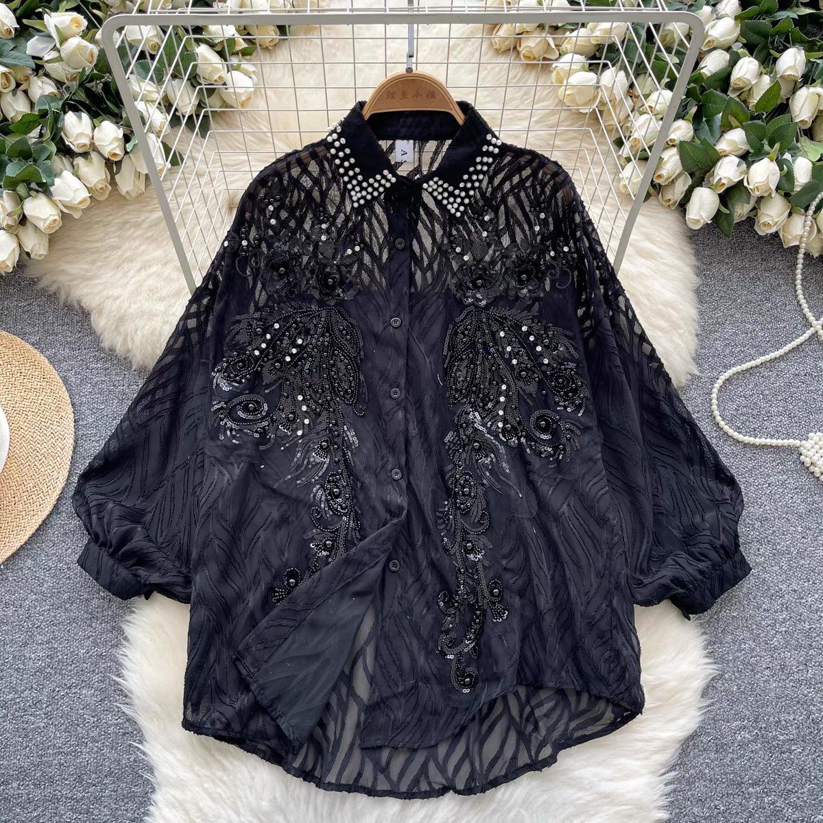 

Рубашка женская французская тяжелая промышленность вышивка пайетками инкрустированная бриллиантами универсальная высококачественная рукав-фонарик one size