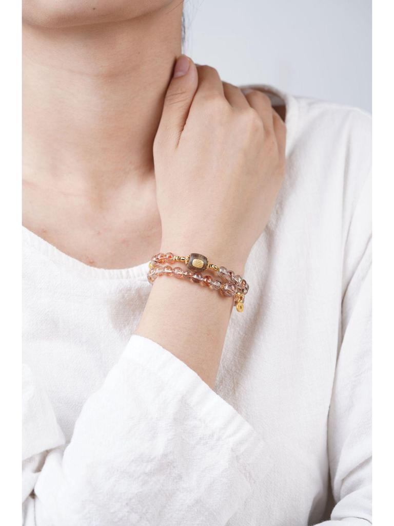 Women's Black Gold Super Seven Crystal Sandalwood Bracelet with Pixiu Charm, Red Rutilated Quartz; Stackable for Wealth & Good Luck.