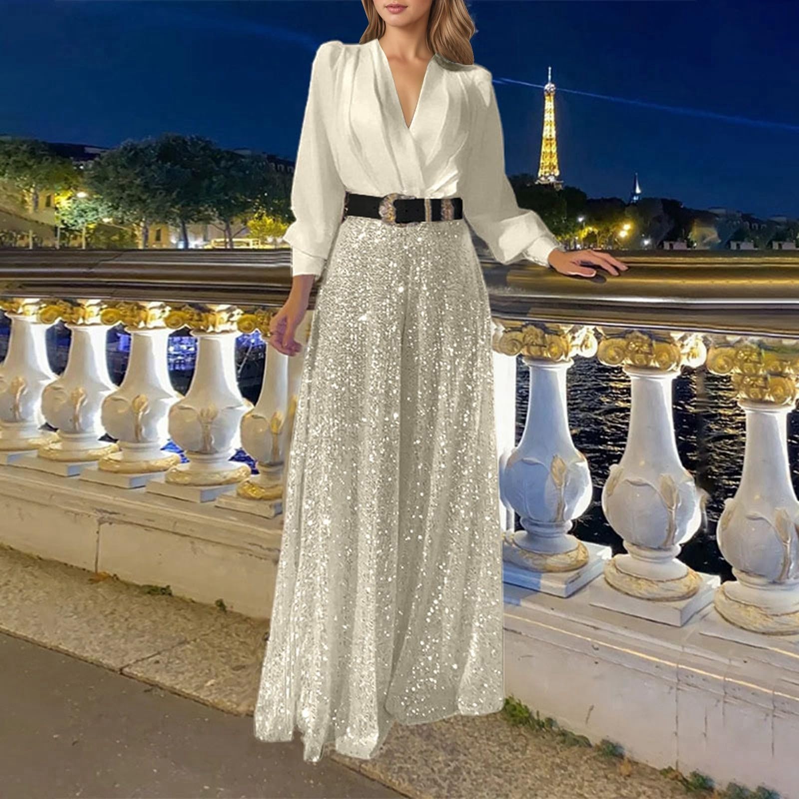 

Модная женская блузка с V-образным вырезом и длинными рукавами. Элегантный и изящный крой в области талии для создания привлекательного силуэта. Комбинезон с широкими штанинами, украшенный пайетками. L бежевый