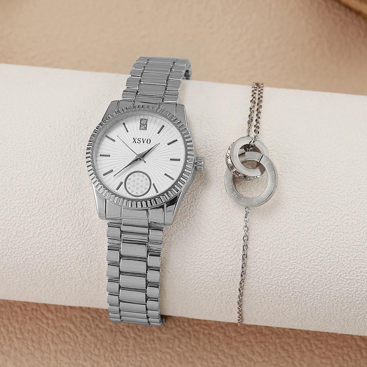 

Fashionable and elegant fashion round dial alloy material Women s quartz watch bracelet 2 sets, suitable for Thanksgiving, Chris срібний