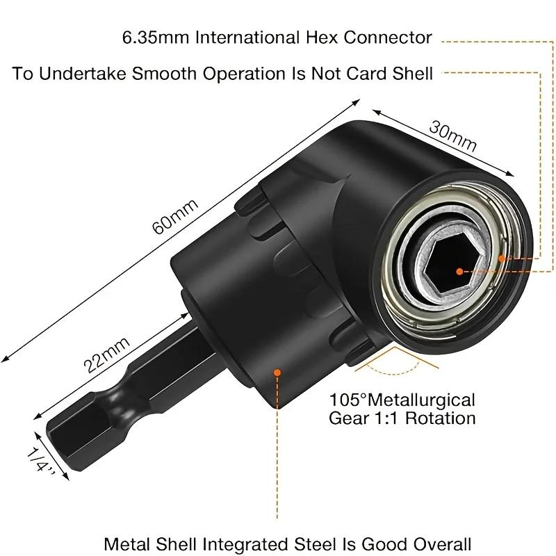 6Pcs Right Angle Drill Attachment Set - 3x360° Rotatable Impact Socket Adapters + 2 Hex Shank 105° Angle Drill Accessories