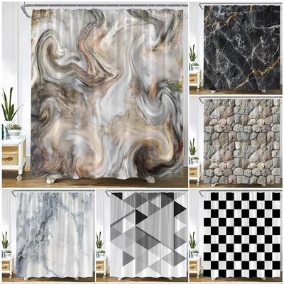 Abstract Marble Shower Curtains Retro Stone Wall Creative Black and White Plaid Geometric Bath Curtain Fabric Bathroom Decor Set