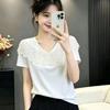 Heavy Industry Bead Lace V-Neck Short Sleeve T-Shirt Women's Summer New Korean Version Foreign Style Skinny Temperament Top