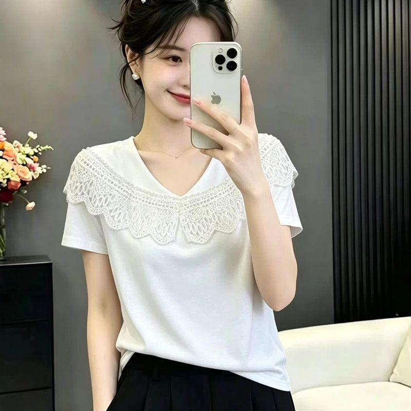 Heavy Industry Bead Lace V-Neck Short Sleeve T-Shirt Women's Summer New Korean Version Foreign Style Skinny Temperament Top