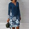 Women Midi Dress Flower Print V-neck Long Sleeves Vintage Pullover Daily Wear Colorful Holiday Autumn Women Beach Dress Female Clothes