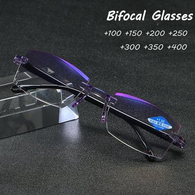 Vintage Diamond-cut Bifocal Progressive Reading Glasses Blue Light Blocking Eyewear Ultralight Rimless Presbyopic Eyeglasses