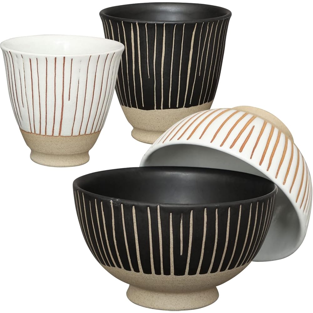 Mutsumi Set Arita Ware Pair Black and White Teacups and Rice Bowls Cute Stylish Ceramic Tableware