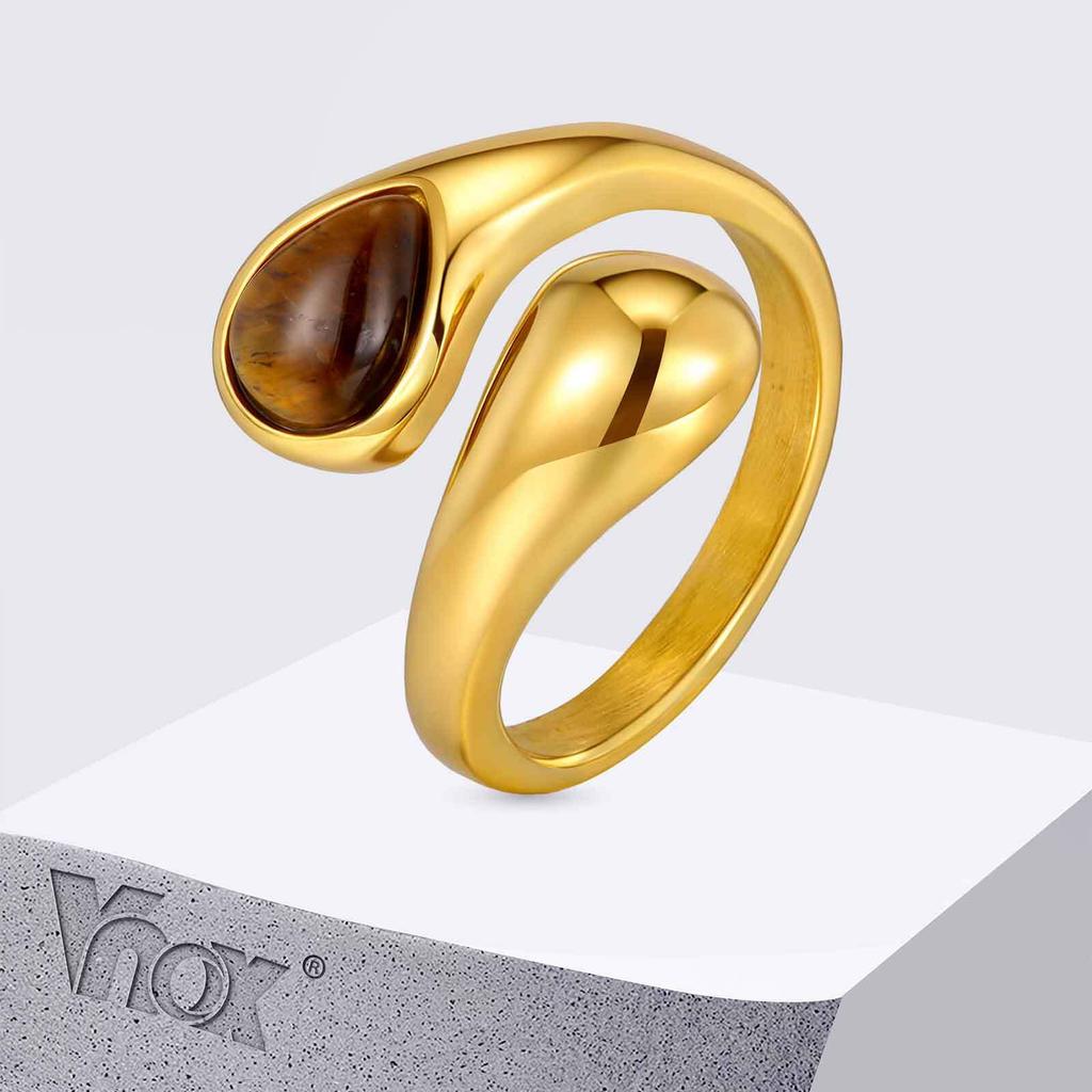 Vnox Minimalist Metal Cuff Open Rings, Stainless Steel Tiger Eye Stone Inlaid, Aesthetic Wedding Christmas Jewelry