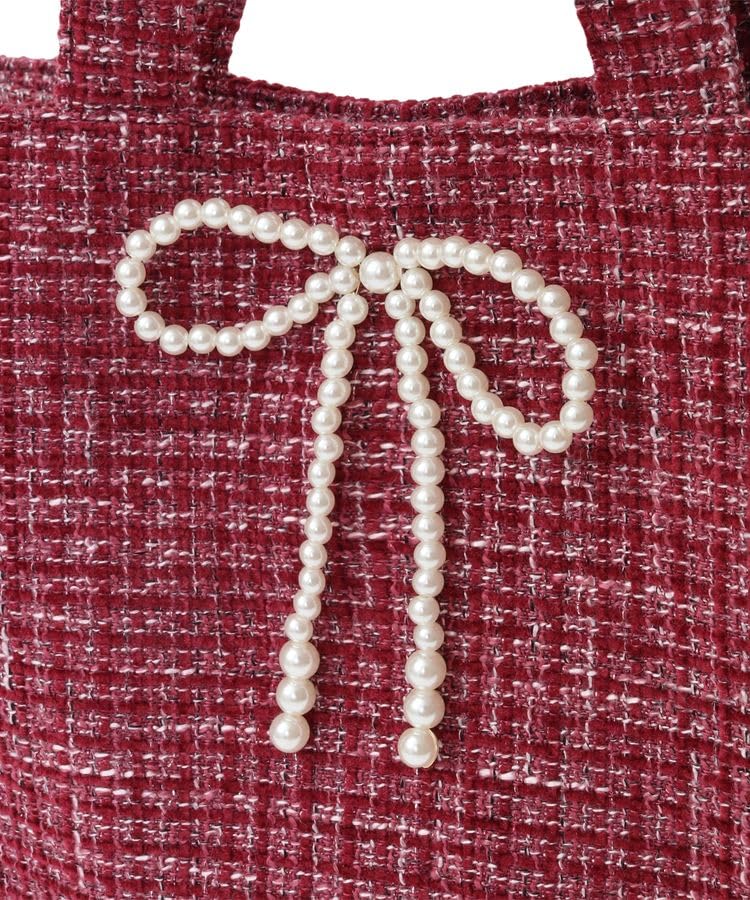 Maison de FLEUR Pink Tweed Pearl Ribbon Square Tote Bag, Pink, 8A43F0J6000