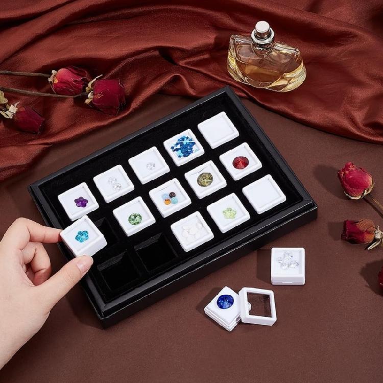 15Pcs Compact 3Cm Square Jewelry Storage Boxes With Clear Covers And PU Padding For Secure Gems Protections