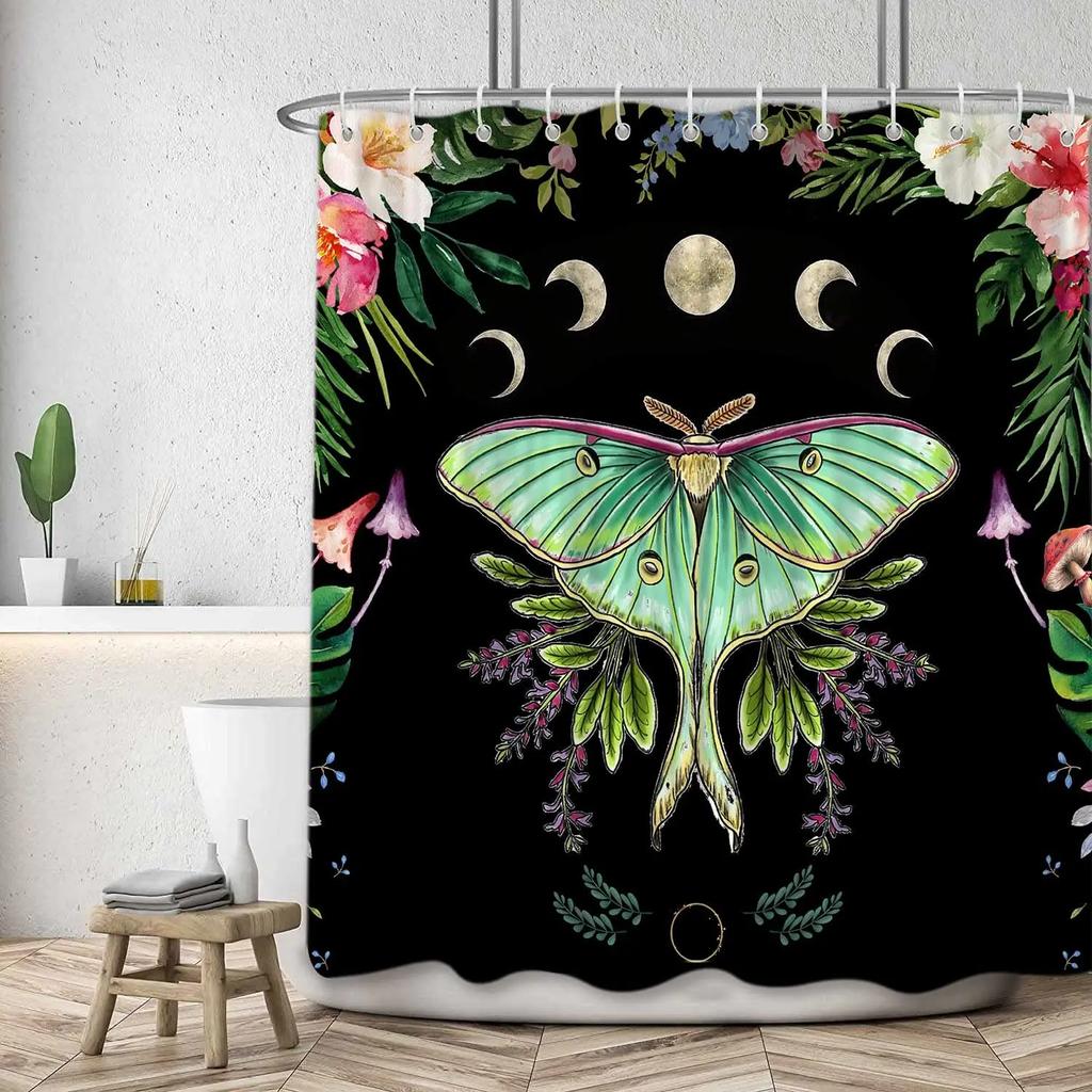 Gold Moth Moon Phase Shower Curtain Gothic Black Butterfly Moonlit Bath Curtain Psychedelic Tarot Bath Curtains Bathroom Sets