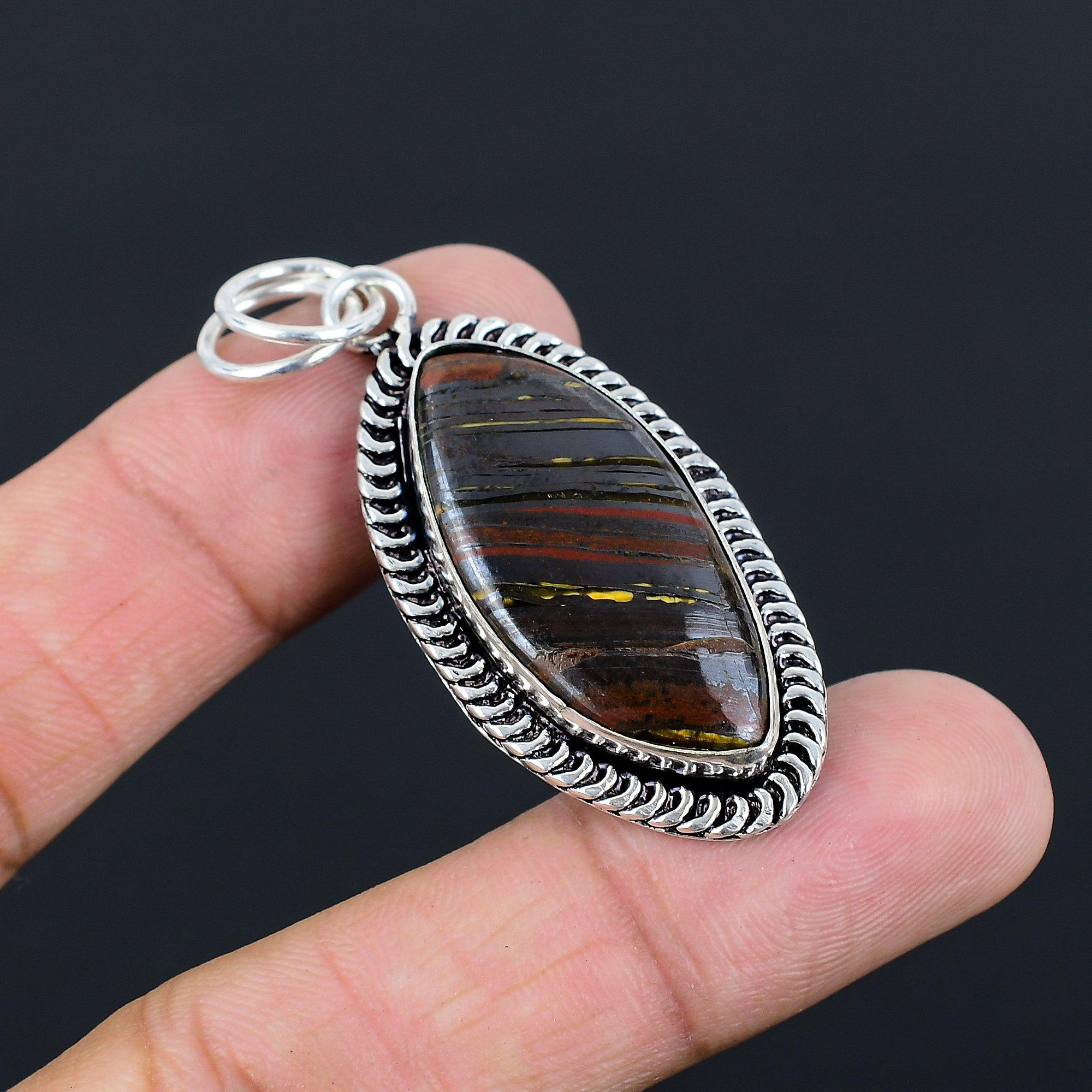 Natural Iron Tiger Eye 925 Sterling Silver Unique Sister Bezel Pendant Jewelry