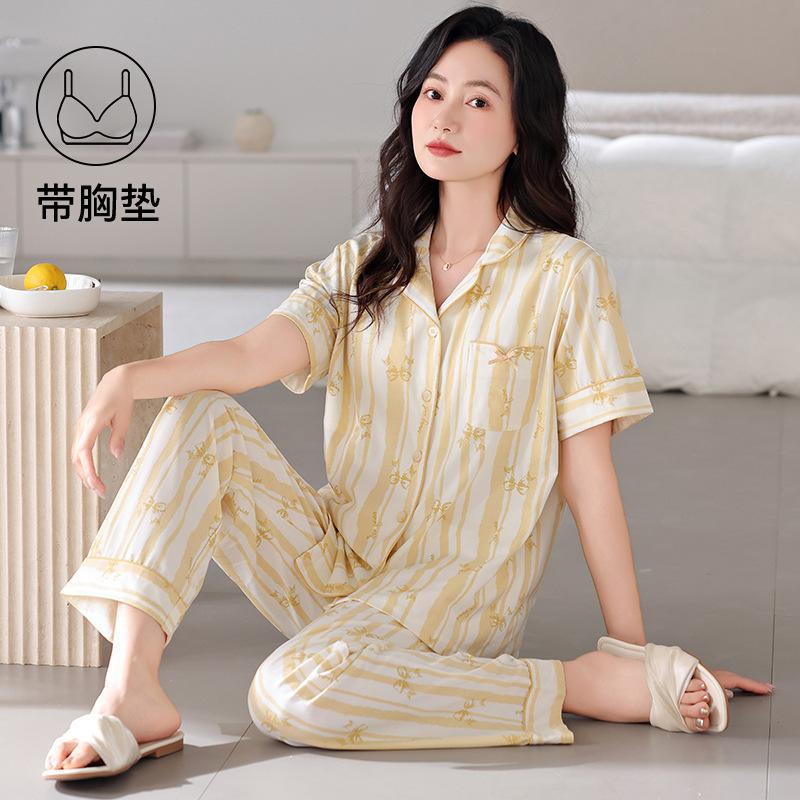 Pajamas with chest pads women's summer thin cotton short-sleeved trousers large size casual relaxation cardigan loungewear set