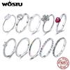 WOSTU Authentic 925 Silver Forever Clear CZ Circle Round Finger Rings Women Wedding Fine Jewelry Gift