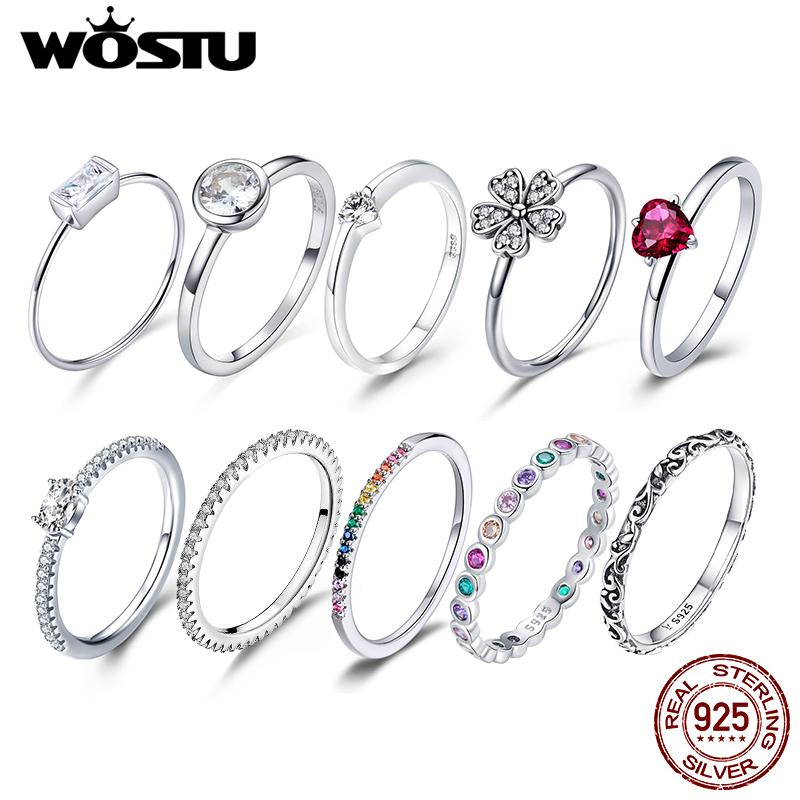 WOSTU Authentic 925 Silver Forever Clear CZ Circle Round Finger Rings Women Wedding Fine Jewelry Gift