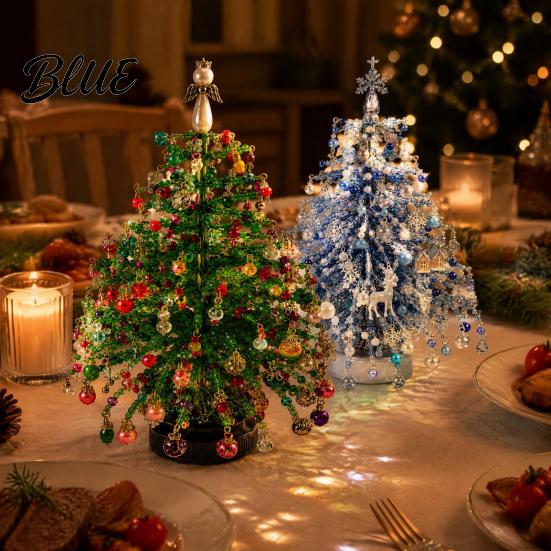 Tabletop Holiday Decor for Adults 2 Pcs DIY Beaded Christmas Tree Kit with LED Light Handmade Mini Keepsake Making Set Faux Crystal Bead Art