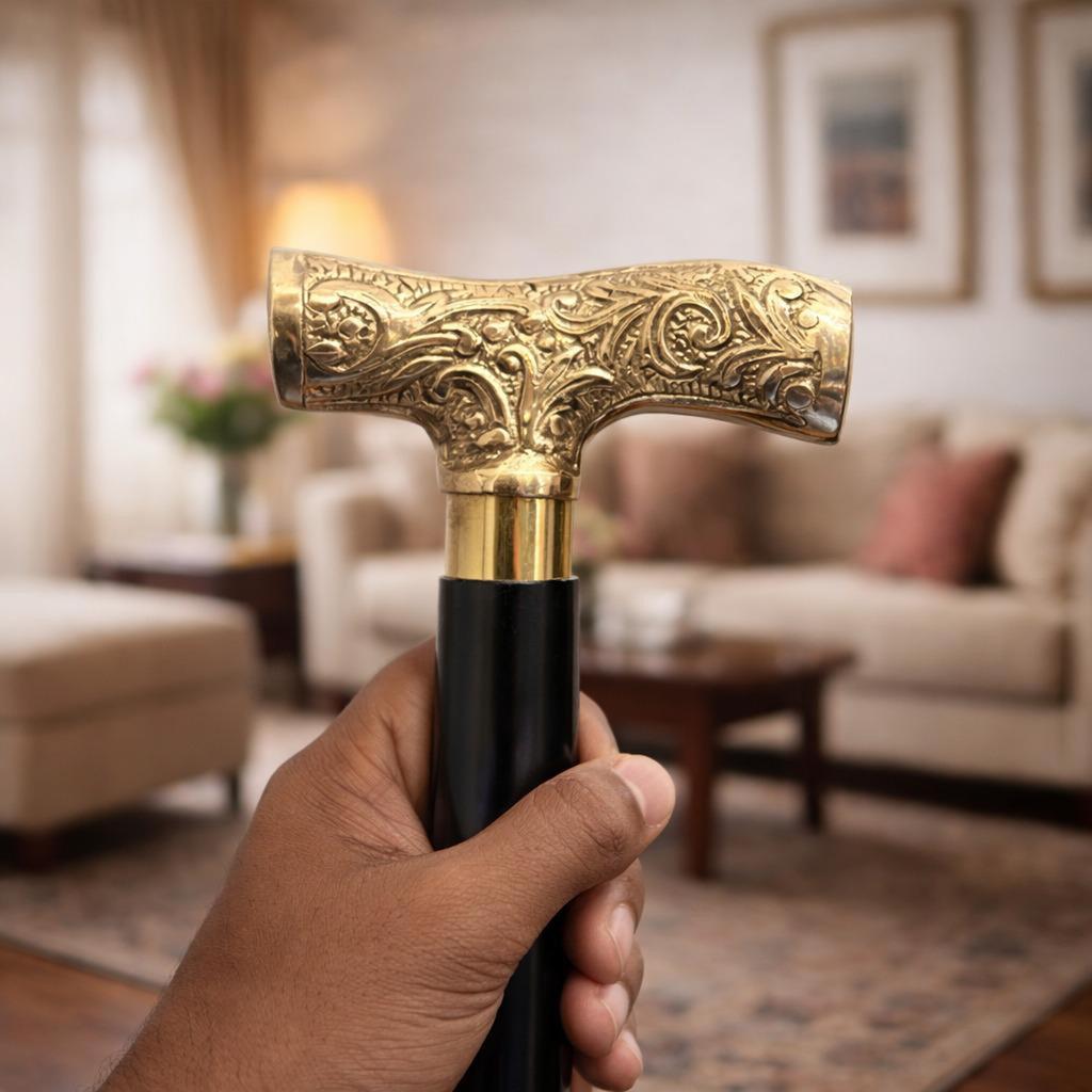 Hand Engraved Brass Handle Walking Cane  Style Gentleman's Gift