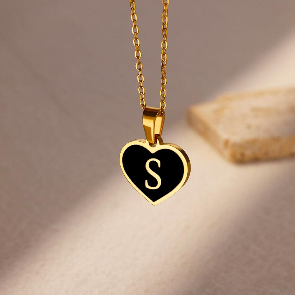 Stainless Steel Initial Letter Black Heart Necklaces Women Gothic Name Pendant Charm Necklace Wedding Zircon Anniversary Gifts
