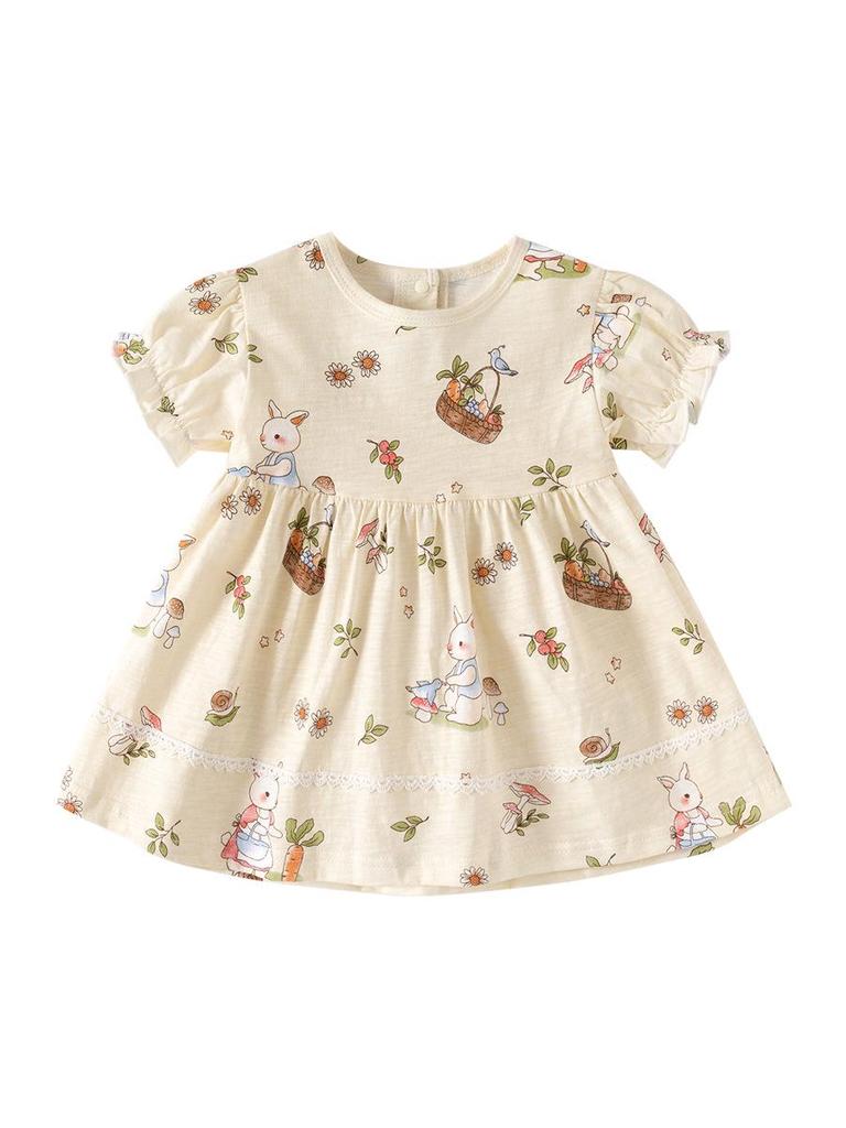 Girls' Summer Floral Cotton Princess Dress - Short-Sleeved Fashionable Outfit