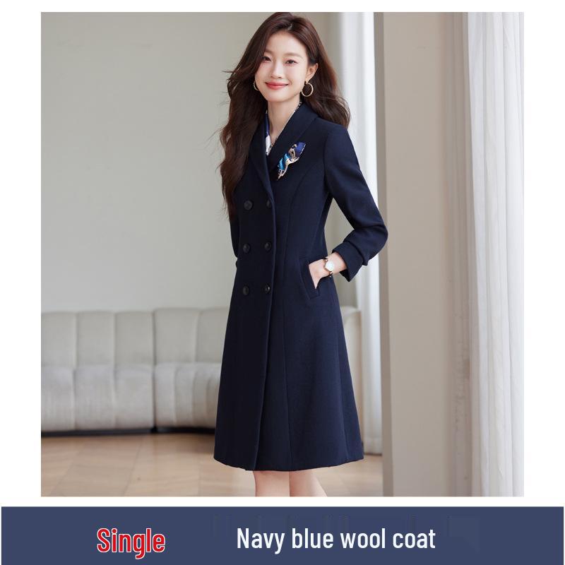 Women's Dark Blue Wool Tweed Long Coat - Chic Autumn/Winter Workwear