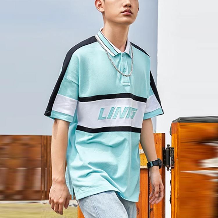 Li Ning Sports Fashion Series Letter Print Color Block Loose Short Sleeve Polo Shirt Men Polo Shirts Clear-Water-Blue APLR113-4