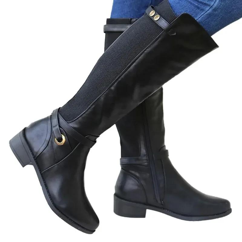 Damenstiefel aus Leder mit klobigem Absatz, lange Stiefeletten, kniehohe Stiefel für Damen, Winterschuhe, Schlabberstiefel für Damen, breite Wade
