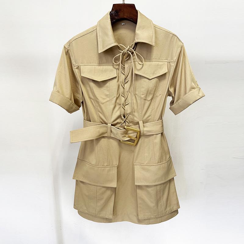High Street Fashion 2026 Spring Tie-Up Short-Sleeve Casual Dress XL хаки