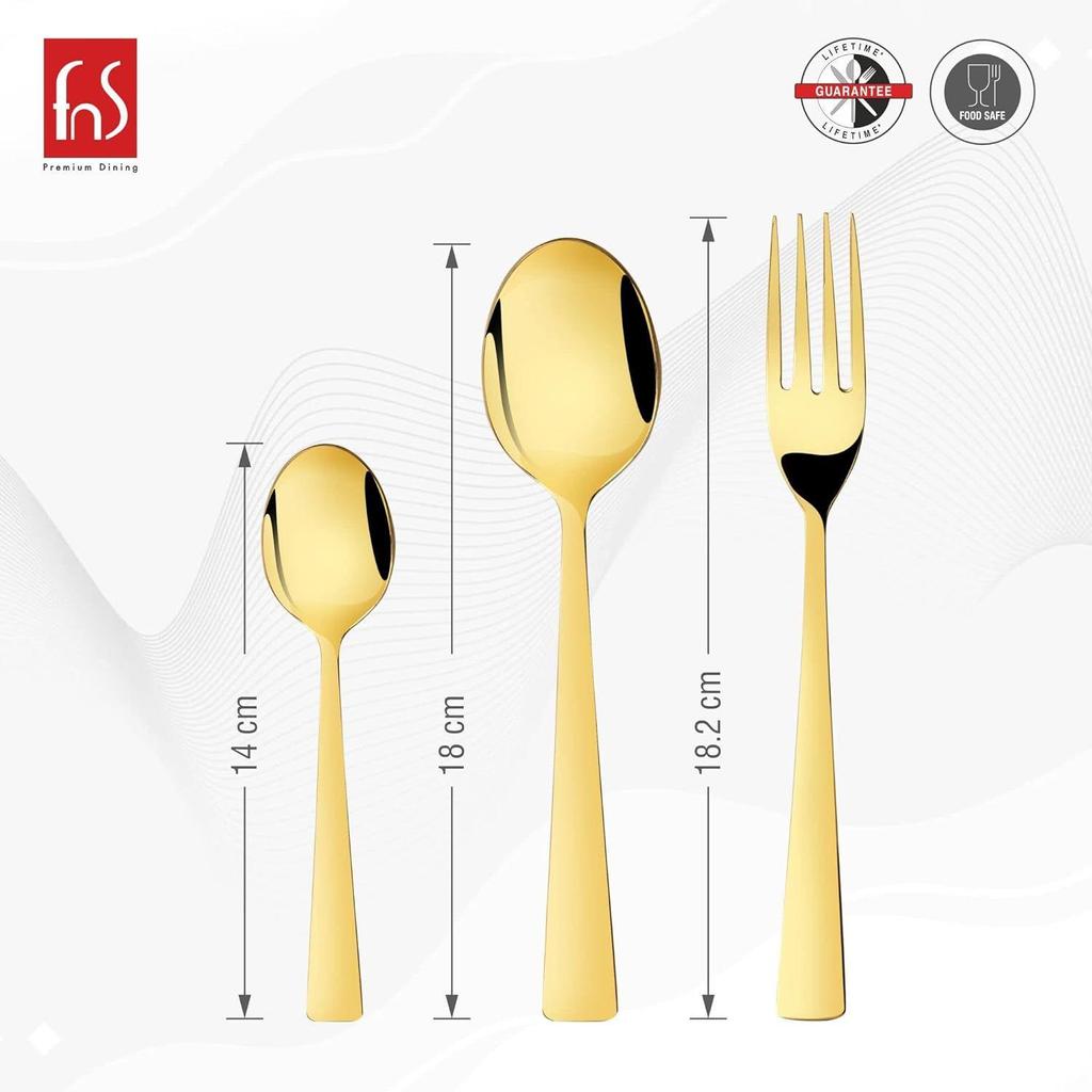 Montavo Alexa Gold 18 Piece Stainless Steel Cutlery Set with Leatherette Box (6 Dinner Spoon, 6 Dinner Fork & 6 Teaspoon)