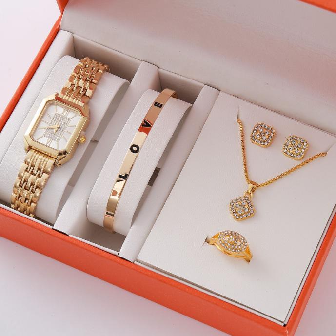 Popular Gift Set, Light Luxury Full Diamond Women'S Watch Necklace, Bracelet, Stud Earrings, And A Gift Box For Mother'S Day.