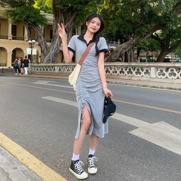 French polo collar split arm skirt women's new summer design sense niche medium and long dress