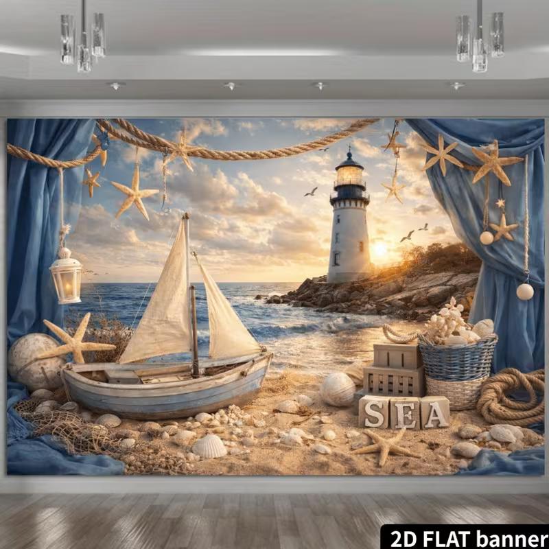 2D Nautical Backdrop with Lighthouse, Sailboat, Starfish & Seashells