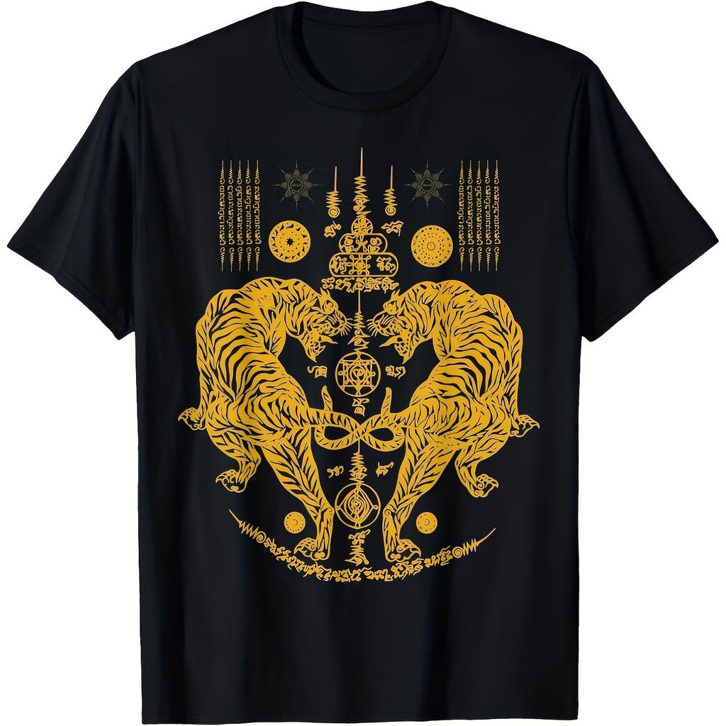 Localsawadee Thai Traditional Sak Yant Thai Twin Tigers Muay Thai TShirt Unisexs Fashion Casual Fine Print