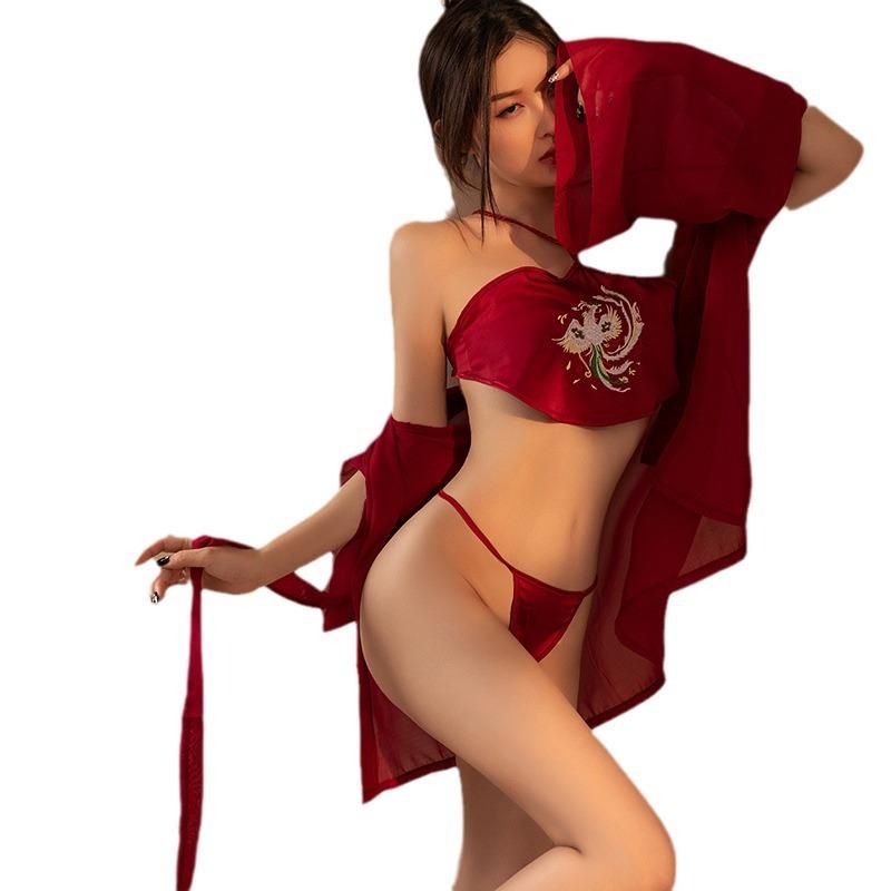 Sex Underwear Sexy Embroidery Belly Pocket Bathrobe Long Dress Seduction Set Transparent Tease Passion Home