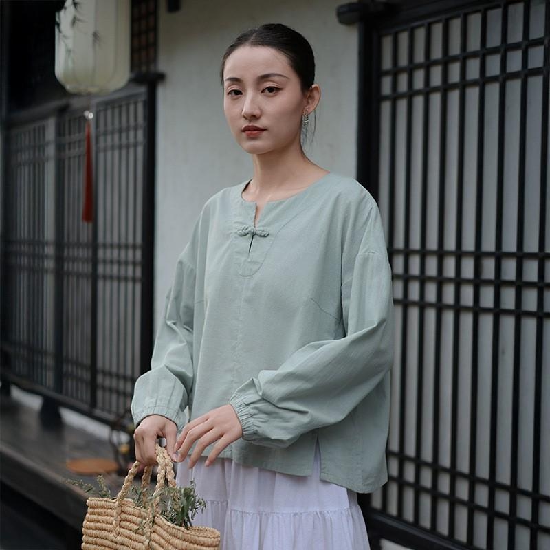 Johnature Women Vintage Pullover T-Shirts Soft Spring Solid Color Long Sleeve Button Casual Loose T-Shirts