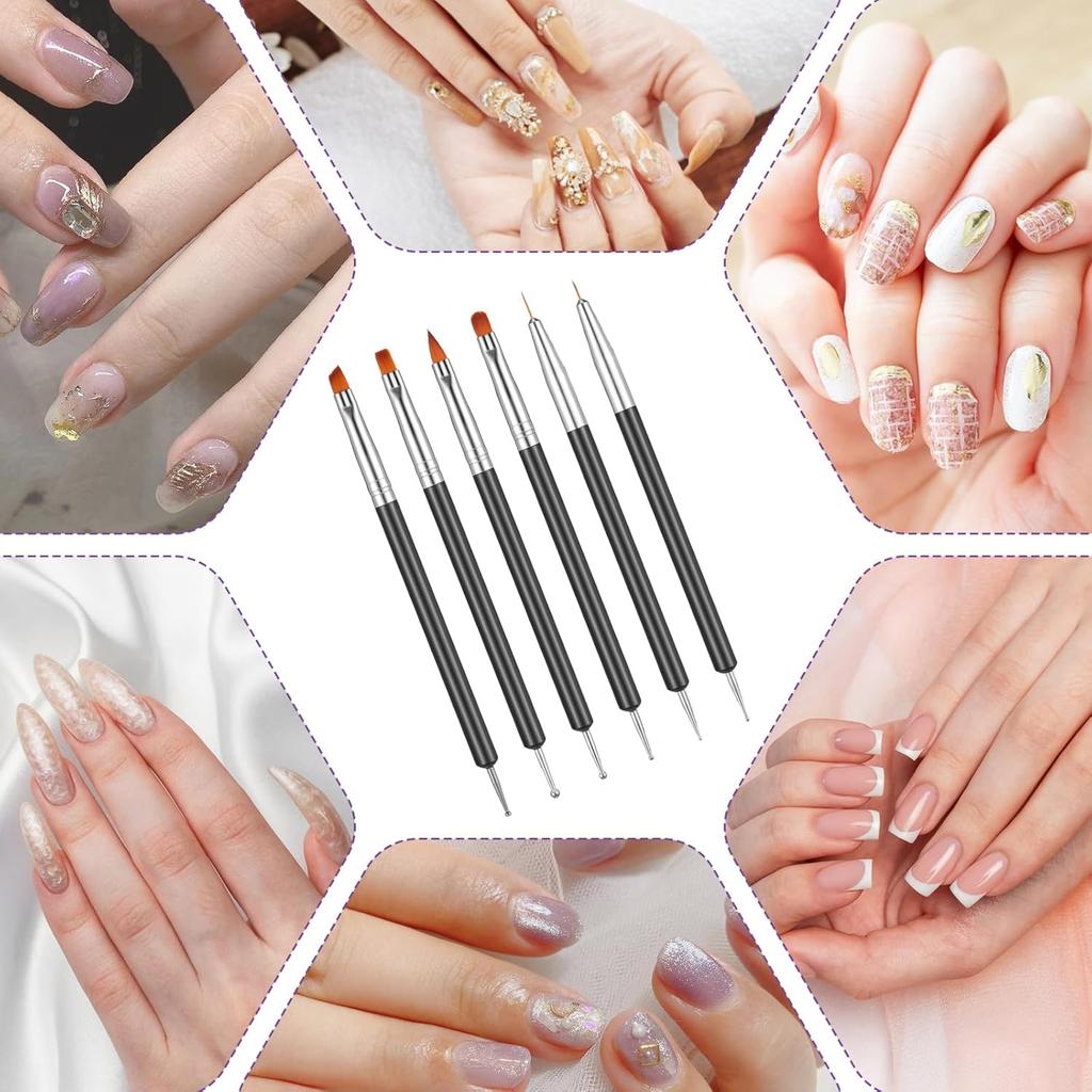 6 Pcs Double-Ended Nail Art Brush Kit, Art Nail Dotting Tools with Fine Brush Head Design Nails Liner Builders Gel Brushes Nails Dotting Pen for Gel